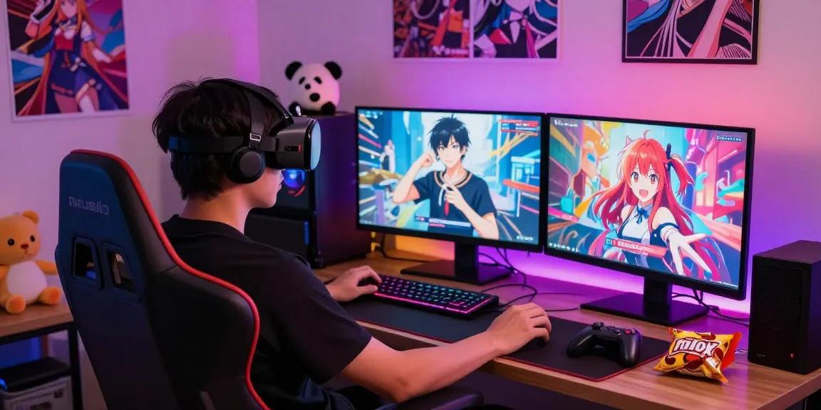 Gamer immersed in HTML ecchi games with vibrant dual displays and cozy setup.