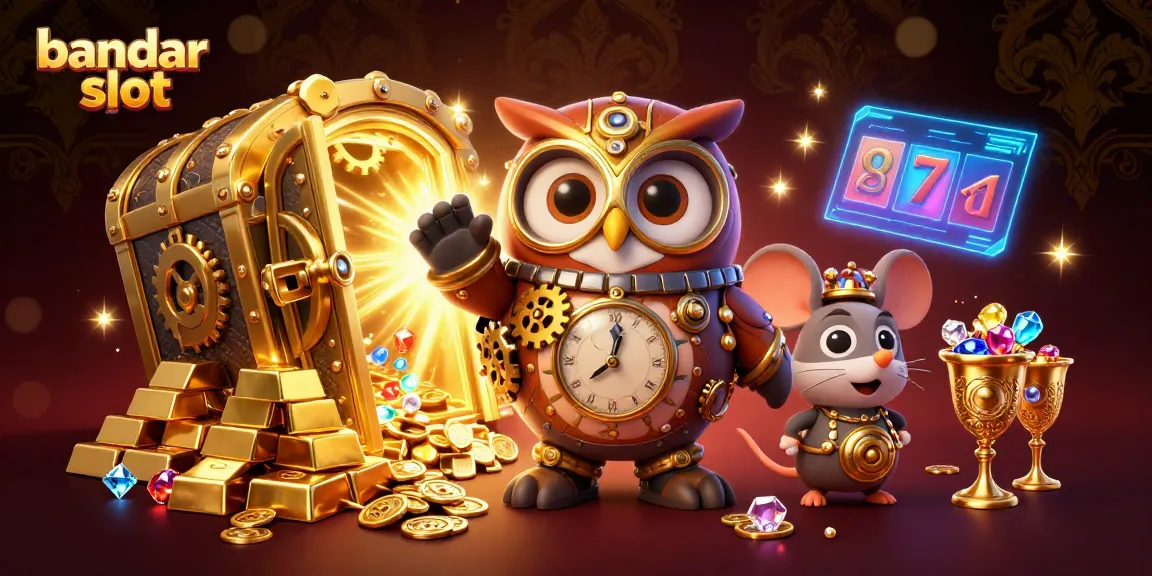 Experience the excitement of bandar slot with a vibrant 3D illustration showcasing a steampunk owl and casino elements.