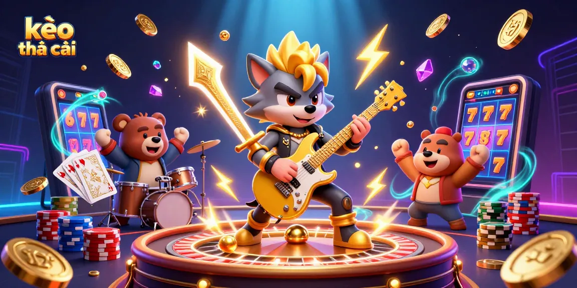 Engage with kèo nhà cái through dynamic casino scenes featuring rock star wolf and drummer bear.