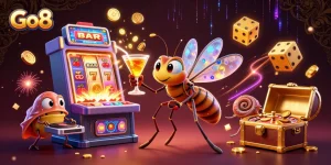 Engaging Go8 casino illustration showcasing vibrant characters, slot machines, and roulette elements in a lively scene.