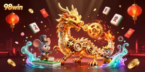 Experience thrilling gaming at 98win with a spectacular golden dragon and vibrant casino elements.