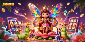 Engage in MMOO excitement with a vibrant 3D casino scene showcasing colorful slot machines and treasures.