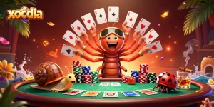Xocdia illustration featuring a 3D cartoon millipede dealer with unique playing cards, enhancing the online gaming experience.
