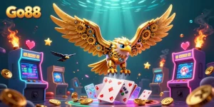 Experience thrilling gameplay with Go88's cinematic 3D illustration showcasing dynamic casino elements.