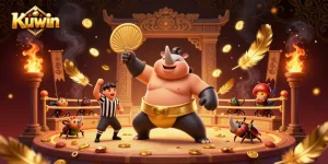 Kuwin online casino features a dynamic scene with the rhinoceros beetle champion amid flying coins, showcasing thrilling gameplay.