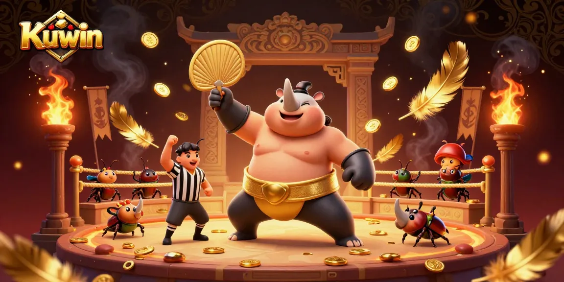 Kuwin online casino features a dynamic scene with the rhinoceros beetle champion amid flying coins, showcasing thrilling gameplay.