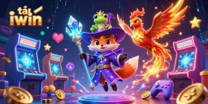 Experience thrilling gameplay by tải iwin with a mystical wizard fox and phoenix in a vibrant casino world.