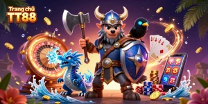 Engaging visual of Trang chủ TT88, showcasing excitement with Viking warrior, dragon, and casino elements.