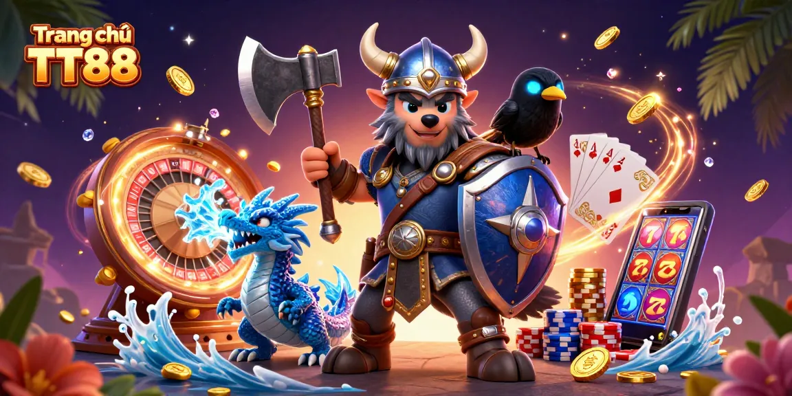 Engaging visual of Trang chủ TT88, showcasing excitement with Viking warrior, dragon, and casino elements.