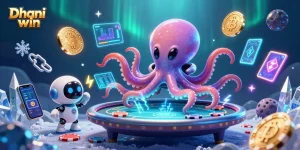 Dhani win features a vibrant 3D illustration of an alien octopus at a holographic poker table, showcasing casino excitement.