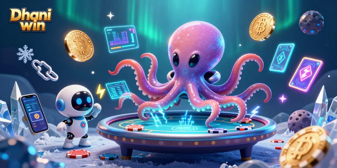 Dhani win features a vibrant 3D illustration of an alien octopus at a holographic poker table, showcasing casino excitement.