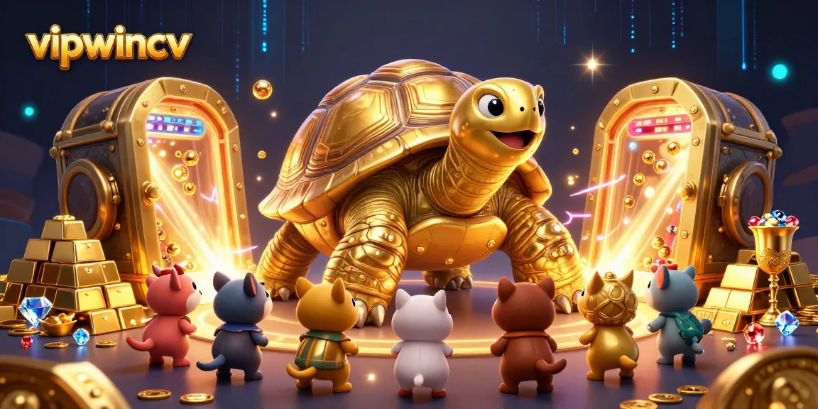 Engage in winning strategies at vipwincv with a vibrant illustration of a golden tortoise pinball machine.