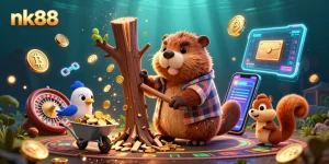 Experience thrilling sports betting at nk88 with cartoon characters amidst gold coins and neon coins.
