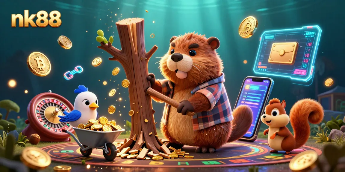 Experience thrilling sports betting at nk88 with cartoon characters amidst gold coins and neon coins.
