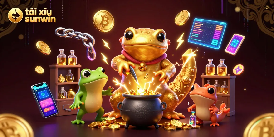 Play tài xỉu sunwin with excitement as the golden salamander and frog alchemist create magic in a vibrant 3D scene.