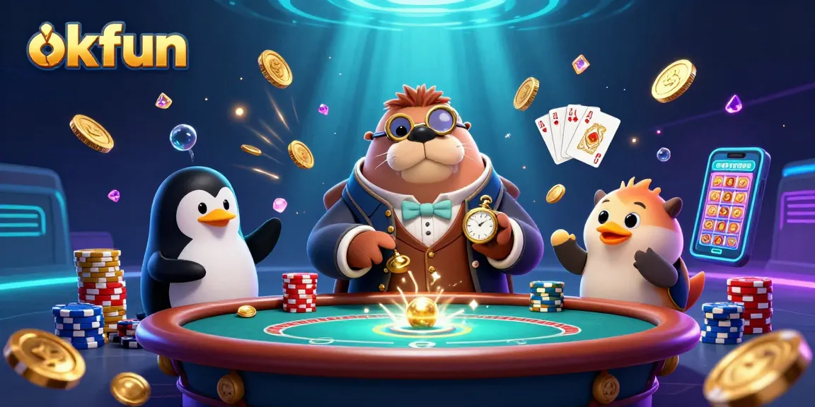Experience thrilling gaming action with okfun in this vibrant 3D casino illustration featuring animated characters and dynamic elements.