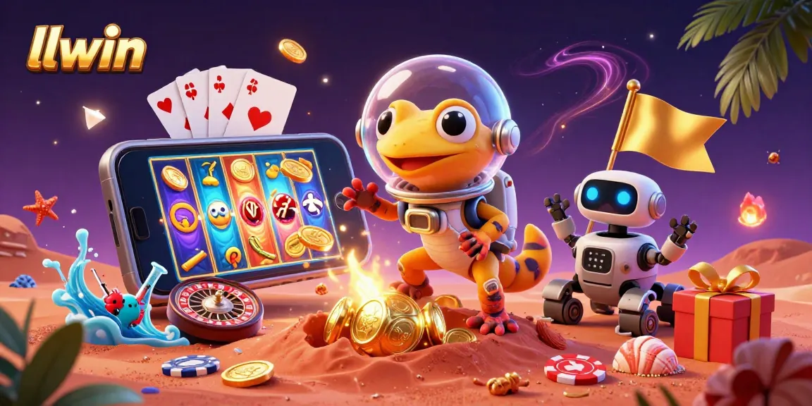 llwin's Martian gecko discovers a golden casino amid cosmic excitement and vivid gaming elements.