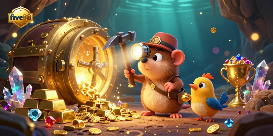Join the treasure hunt with five88 as a mole discovers gems and gold in this vibrant casino scene.