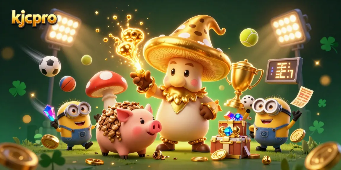 Engage with kjcpro's vibrant 3D gambling scene featuring a golden wizard, treasures, and sports elements.