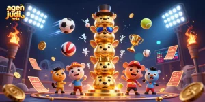 Experience dynamic sports betting with agen judi bola, showcasing vibrant game elements and a captivating totem in a 3D illustration.