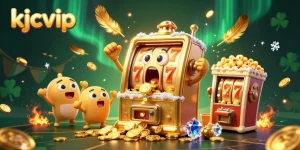 Spin to win with kjcvip as the golden slot machine hits a jackpot amidst cheering fans and exciting casino elements.