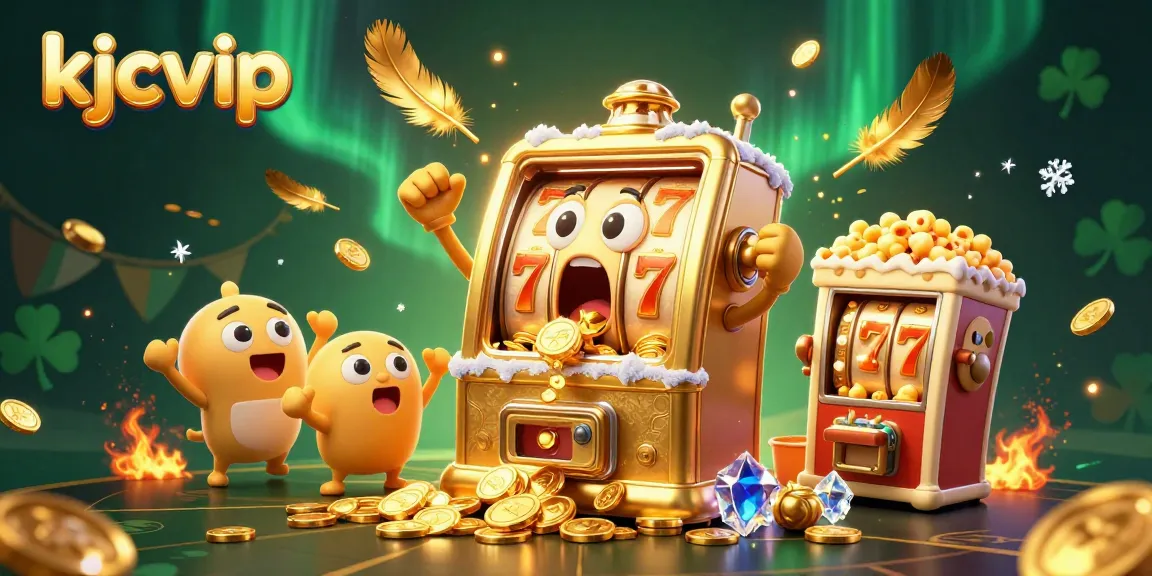 Spin to win with kjcvip as the golden slot machine hits a jackpot amidst cheering fans and exciting casino elements.