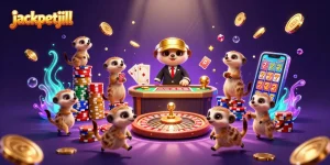 Experience jackpotjill's vibrant casino scene with meerkats amid cascading coins and a roulette wheel.
