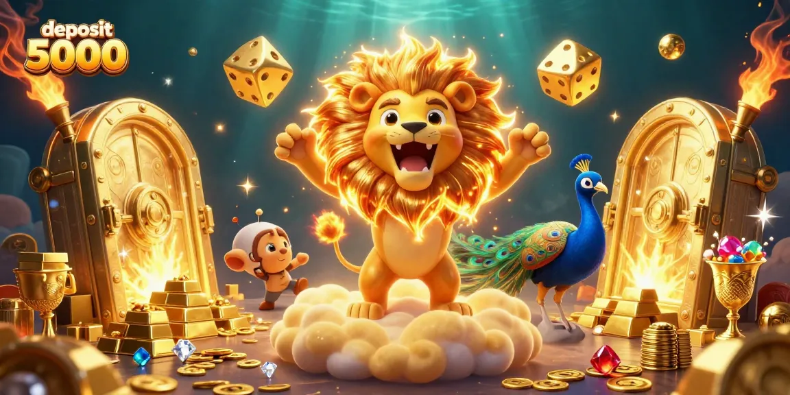 Engage with the excitement of casino gaming in this illustration showcasing deposit 5000, featuring golden dice and treasures.