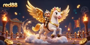 Experience thrilling action at red88 with a celestial horse and armored knight amidst vibrant casino elements.