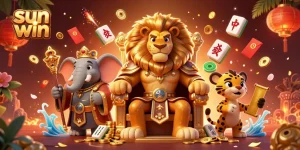 Engage in thrilling games at sun win, featuring a lion king, ceremonial elephant, and swift cheetah in a vibrant casino setting.