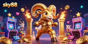 Experience sky88 action with a massive golden ram charging through a vibrant casino scene.