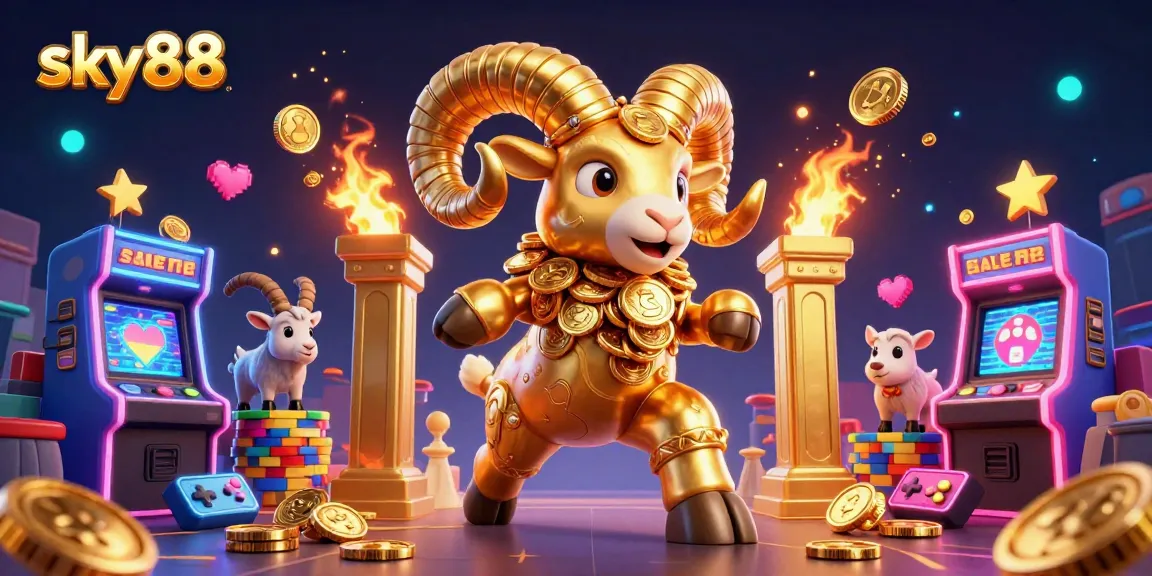 Experience sky88 action with a massive golden ram charging through a vibrant casino scene.