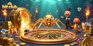 Experience hit club gaming with a lively illustration of a golden spider and croupier setting the ultimate casino scene.