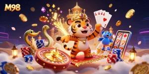 M98 showcases a vibrant 3D casino scene with a tiger sultan and dynamic gaming elements.