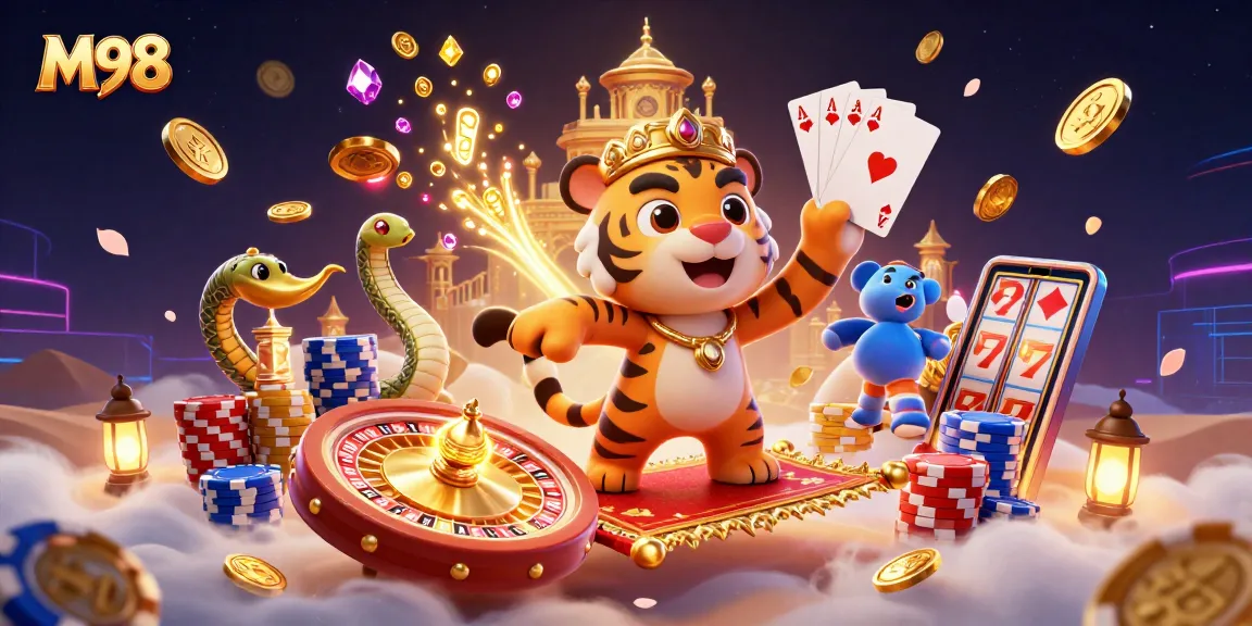 M98 showcases a vibrant 3D casino scene with a tiger sultan and dynamic gaming elements.