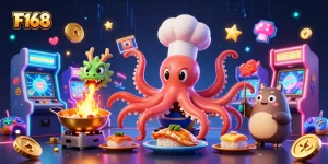 Engage with F168's vibrant gaming universe, highlighting the sushi chef octopus, dragon, and tanuki.